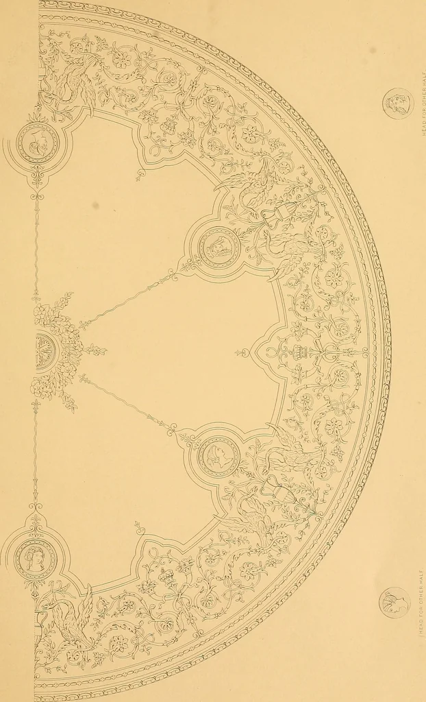 An illustration from House furnishing, decorating and embellishing assistant. Consisting of original designs in the Grecian, Italian, renaissance, Louis-quatorze, gothic, Tudor, and Elizabethan styles .., 1847, leaf 76