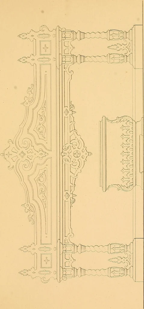 An illustration from House furnishing, decorating and embellishing assistant. Consisting of original designs in the Grecian, Italian, renaissance, Louis-quatorze, gothic, Tudor, and Elizabethan styles .., 1847, leaf 84