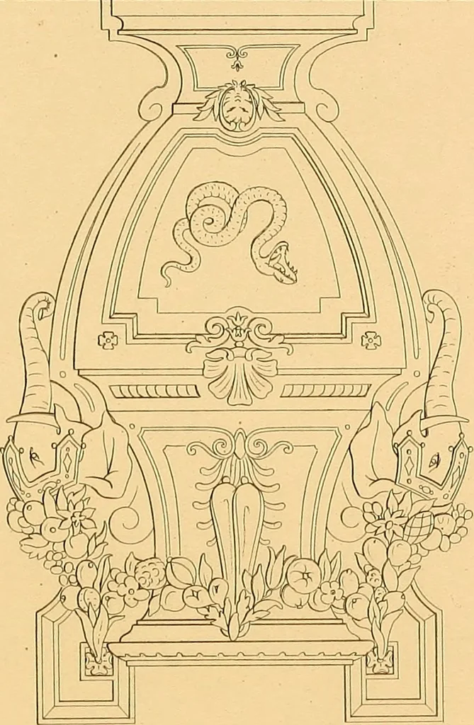An illustration from House furnishing, decorating and embellishing assistant. Consisting of original designs in the Grecian, Italian, renaissance, Louis-quatorze, gothic, Tudor, and Elizabethan styles .., 1847, leaf 86