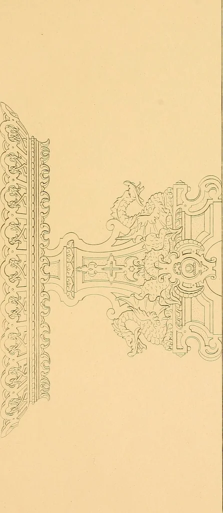 An illustration from House furnishing, decorating and embellishing assistant. Consisting of original designs in the Grecian, Italian, renaissance, Louis-quatorze, gothic, Tudor, and Elizabethan styles .., 1847, leaf 88