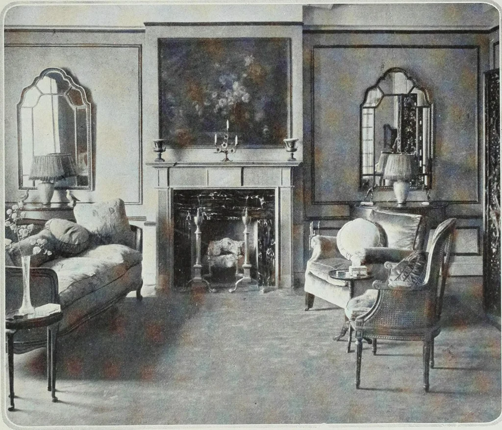 An illustration from House & garden's book of interiors, containing over three hundred illustrations of living rooms, dining rooms, libraries, halls, bedrooms, porches, breakfast rooms, nurseries, kitchens, bathrooms and the use of decorative accessories and curtains, together with practical suggestions for the furnishing and decorating of each type of room in the house, 1920, leaf 10