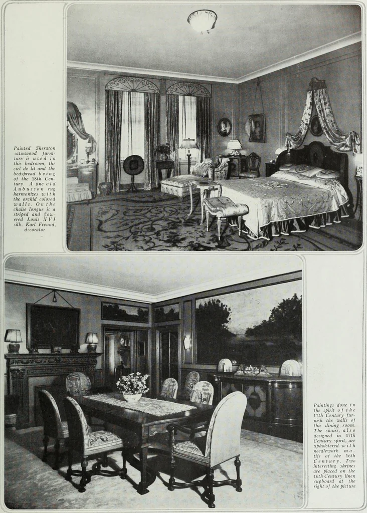 An illustration from House & garden's book of interiors, containing over three hundred illustrations of living rooms, dining rooms, libraries, halls, bedrooms, porches, breakfast rooms, nurseries, kitchens, bathrooms and the use of decorative accessories and curtains, together with practical suggestions for the furnishing and decorating of each type of room in the house, 1920, leaf 100