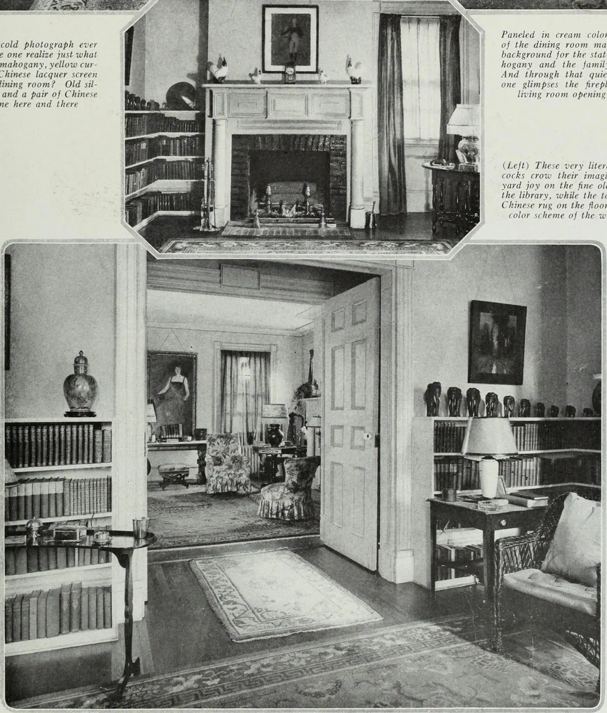 An illustration from House & garden's book of interiors, containing over three hundred illustrations of living rooms, dining rooms, libraries, halls, bedrooms, porches, breakfast rooms, nurseries, kitchens, bathrooms and the use of decorative accessories and curtains, together with practical suggestions for the furnishing and decorating of each type of room in the house, 1920, leaf 102