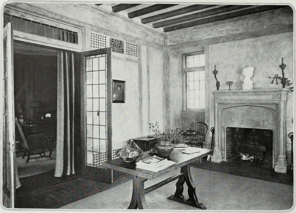 An illustration from House & garden's book of interiors, containing over three hundred illustrations of living rooms, dining rooms, libraries, halls, bedrooms, porches, breakfast rooms, nurseries, kitchens, bathrooms and the use of decorative accessories and curtains, together with practical suggestions for the furnishing and decorating of each type of room in the house, 1920, leaf 105