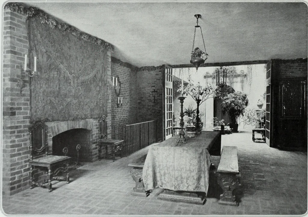An illustration from House & garden's book of interiors, containing over three hundred illustrations of living rooms, dining rooms, libraries, halls, bedrooms, porches, breakfast rooms, nurseries, kitchens, bathrooms and the use of decorative accessories and curtains, together with practical suggestions for the furnishing and decorating of each type of room in the house, 1920, leaf 105