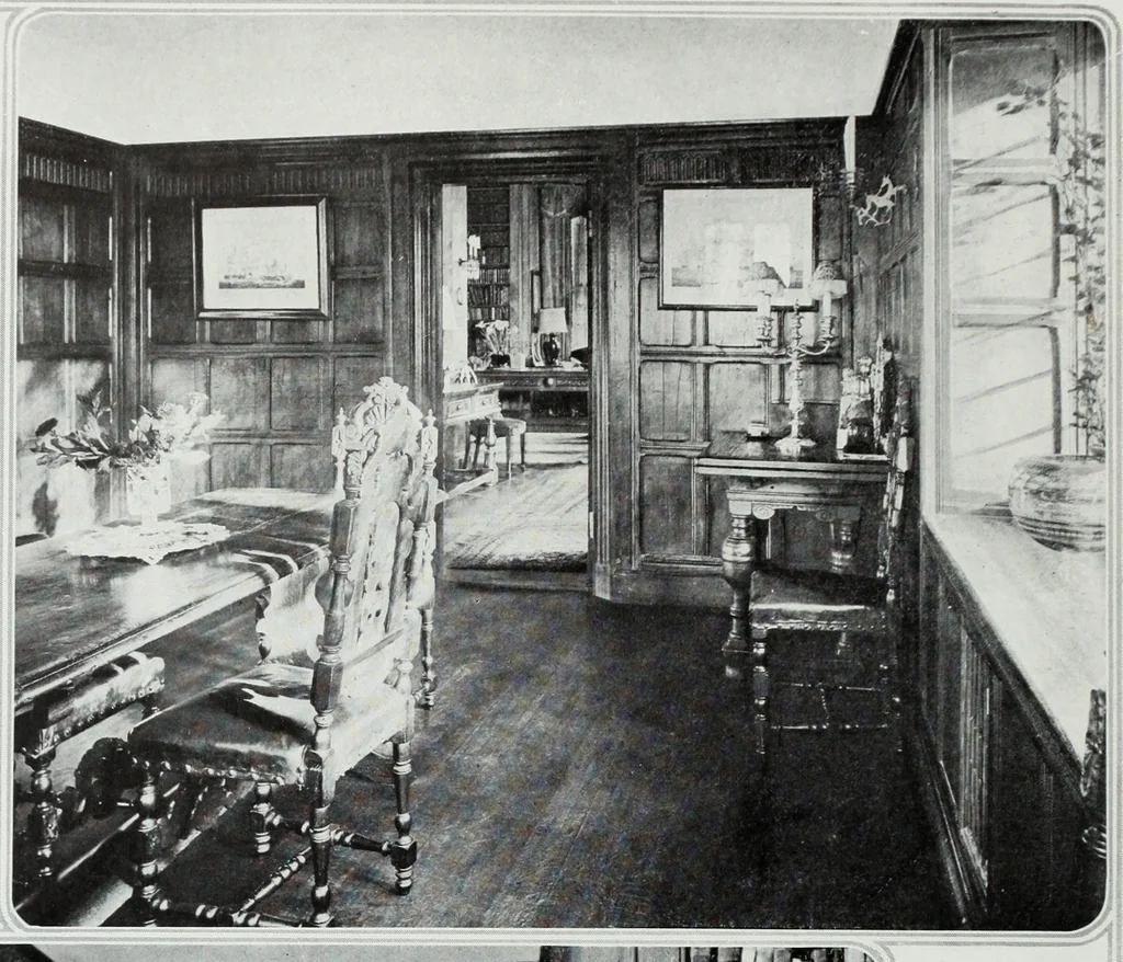 An illustration from House & garden's book of interiors, containing over three hundred illustrations of living rooms, dining rooms, libraries, halls, bedrooms, porches, breakfast rooms, nurseries, kitchens, bathrooms and the use of decorative accessories and curtains, together with practical suggestions for the furnishing and decorating of each type of room in the house, 1920, leaf 107