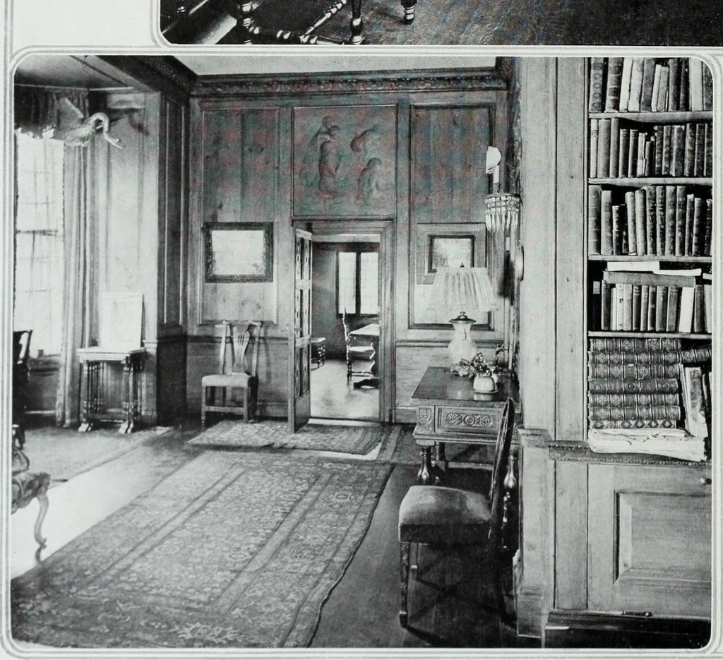 An illustration from House & garden's book of interiors, containing over three hundred illustrations of living rooms, dining rooms, libraries, halls, bedrooms, porches, breakfast rooms, nurseries, kitchens, bathrooms and the use of decorative accessories and curtains, together with practical suggestions for the furnishing and decorating of each type of room in the house, 1920, leaf 107