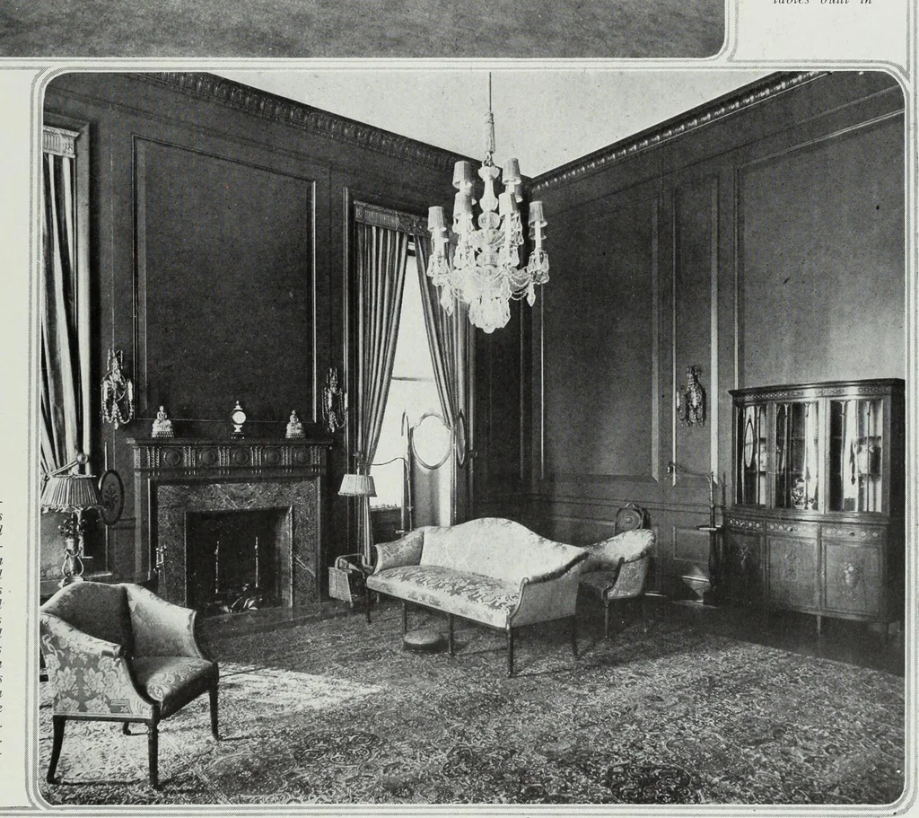 An illustration from House & garden's book of interiors, containing over three hundred illustrations of living rooms, dining rooms, libraries, halls, bedrooms, porches, breakfast rooms, nurseries, kitchens, bathrooms and the use of decorative accessories and curtains, together with practical suggestions for the furnishing and decorating of each type of room in the house, 1920, leaf 108