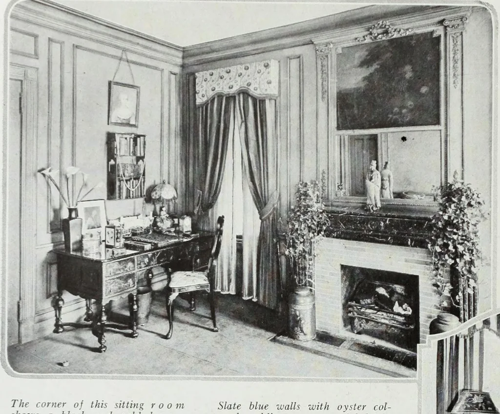 An illustration from House & garden's book of interiors, containing over three hundred illustrations of living rooms, dining rooms, libraries, halls, bedrooms, porches, breakfast rooms, nurseries, kitchens, bathrooms and the use of decorative accessories and curtains, together with practical suggestions for the furnishing and decorating of each type of room in the house, 1920, leaf 109