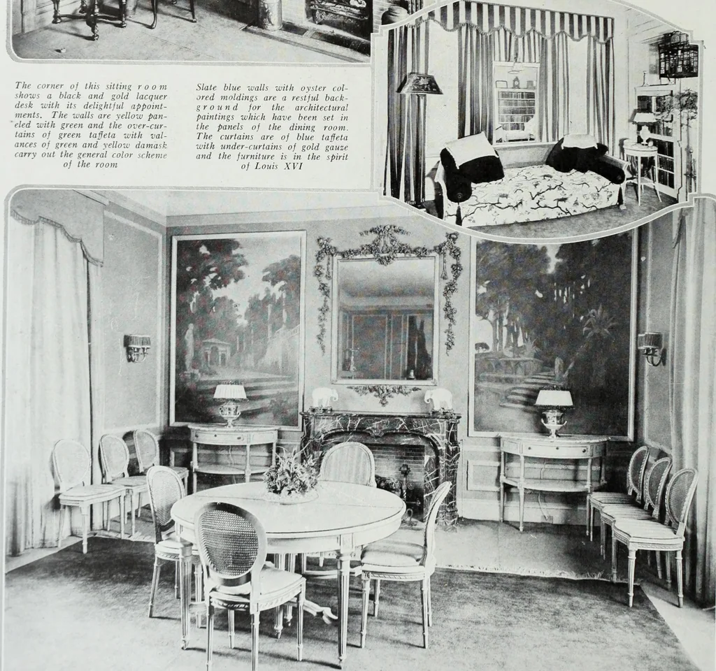 An illustration from House & garden's book of interiors, containing over three hundred illustrations of living rooms, dining rooms, libraries, halls, bedrooms, porches, breakfast rooms, nurseries, kitchens, bathrooms and the use of decorative accessories and curtains, together with practical suggestions for the furnishing and decorating of each type of room in the house, 1920, leaf 109