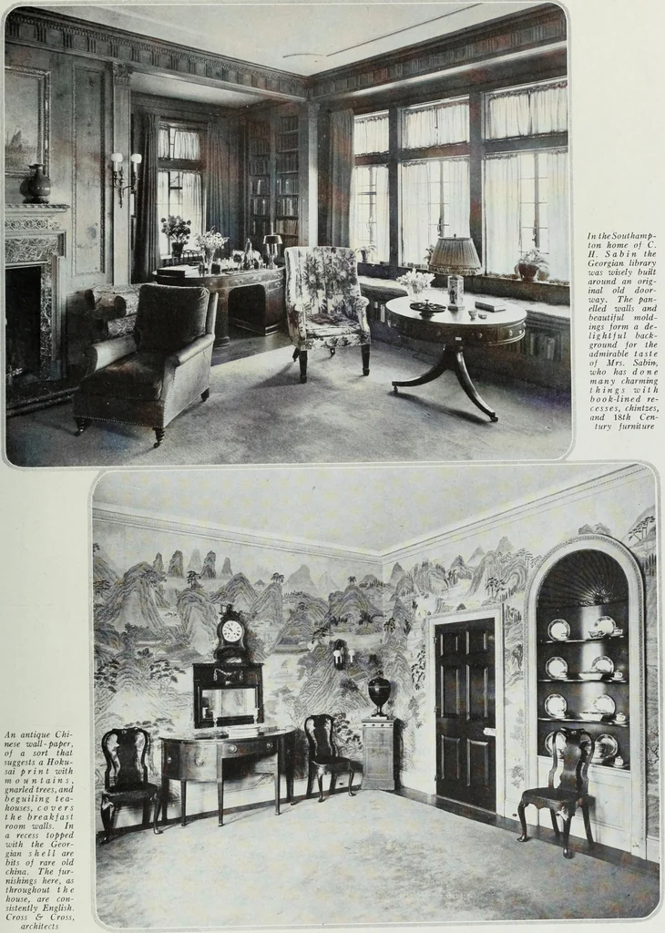An illustration from House & garden's book of interiors, containing over three hundred illustrations of living rooms, dining rooms, libraries, halls, bedrooms, porches, breakfast rooms, nurseries, kitchens, bathrooms and the use of decorative accessories and curtains, together with practical suggestions for the furnishing and decorating of each type of room in the house, 1920, leaf 110