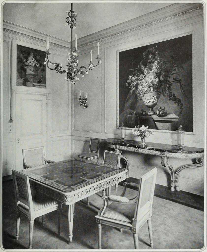 An illustration from House & garden's book of interiors, containing over three hundred illustrations of living rooms, dining rooms, libraries, halls, bedrooms, porches, breakfast rooms, nurseries, kitchens, bathrooms and the use of decorative accessories and curtains, together with practical suggestions for the furnishing and decorating of each type of room in the house, 1920, leaf 112