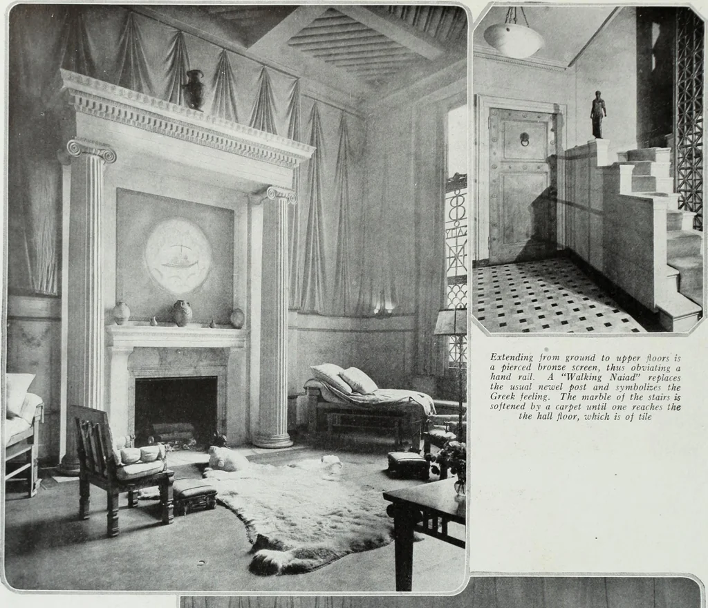 An illustration from House & garden's book of interiors, containing over three hundred illustrations of living rooms, dining rooms, libraries, halls, bedrooms, porches, breakfast rooms, nurseries, kitchens, bathrooms and the use of decorative accessories and curtains, together with practical suggestions for the furnishing and decorating of each type of room in the house, 1920, leaf 113