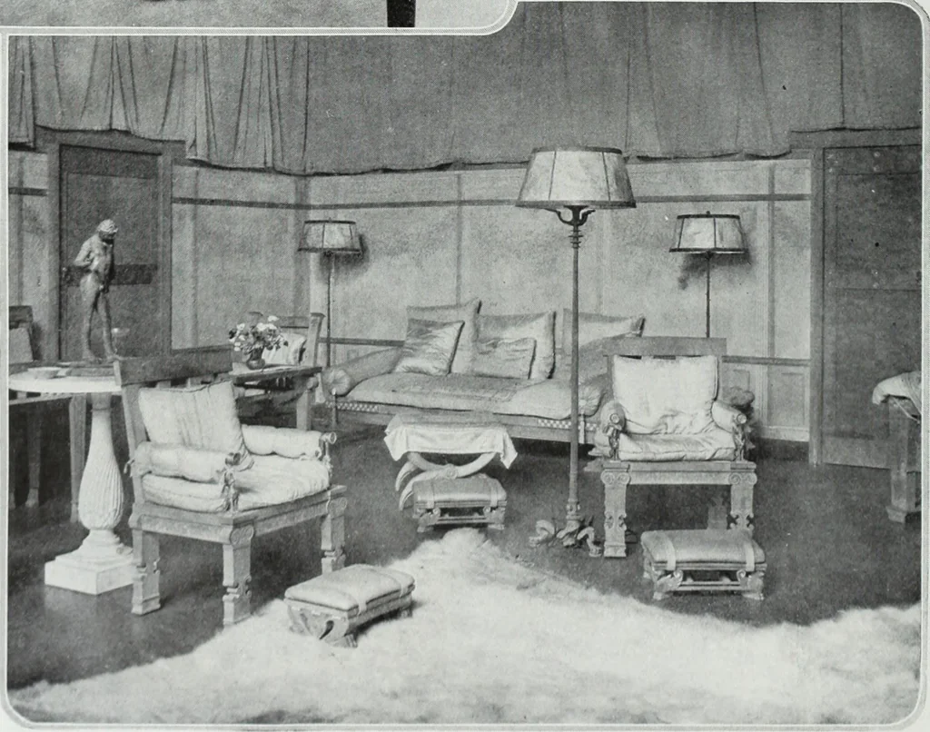 An illustration from House & garden's book of interiors, containing over three hundred illustrations of living rooms, dining rooms, libraries, halls, bedrooms, porches, breakfast rooms, nurseries, kitchens, bathrooms and the use of decorative accessories and curtains, together with practical suggestions for the furnishing and decorating of each type of room in the house, 1920, leaf 113