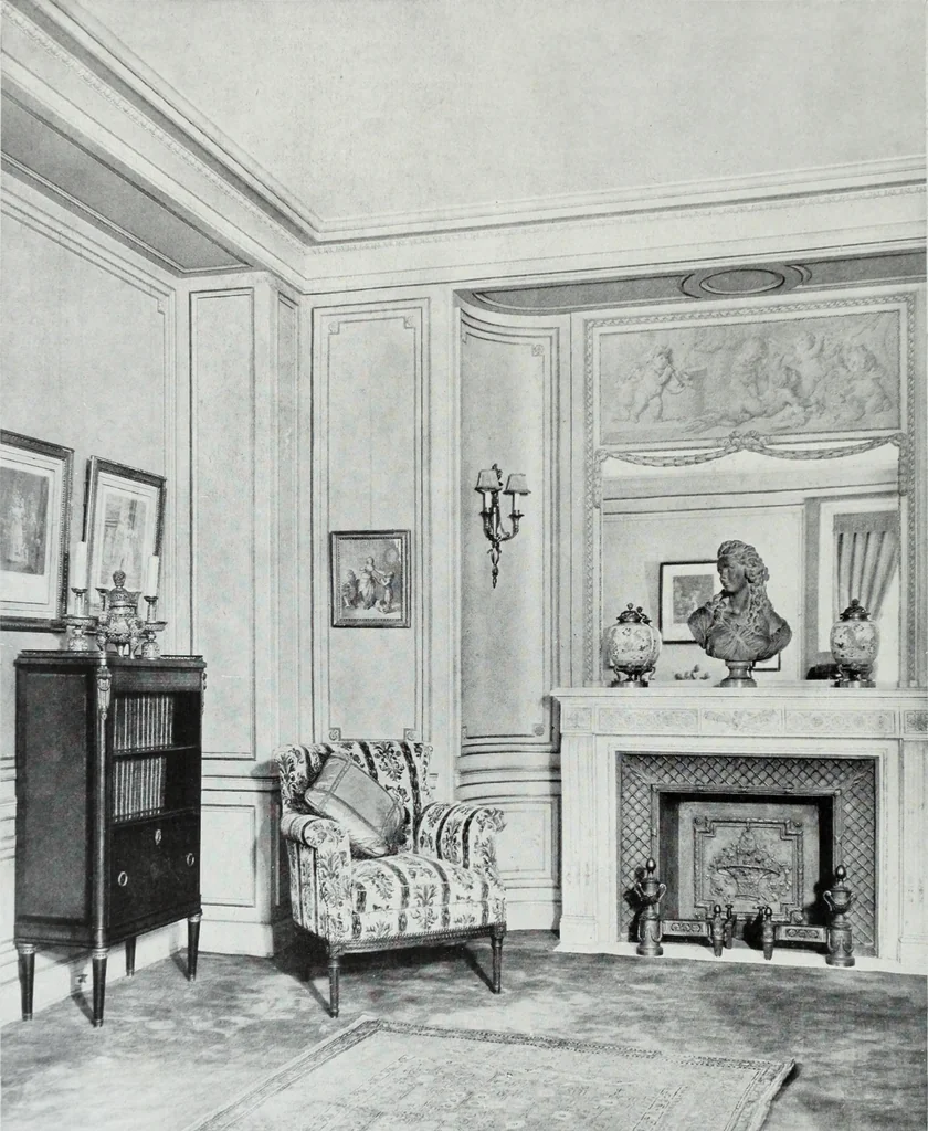 An illustration from House & garden's book of interiors, containing over three hundred illustrations of living rooms, dining rooms, libraries, halls, bedrooms, porches, breakfast rooms, nurseries, kitchens, bathrooms and the use of decorative accessories and curtains, together with practical suggestions for the furnishing and decorating of each type of room in the house, 1920, leaf 115