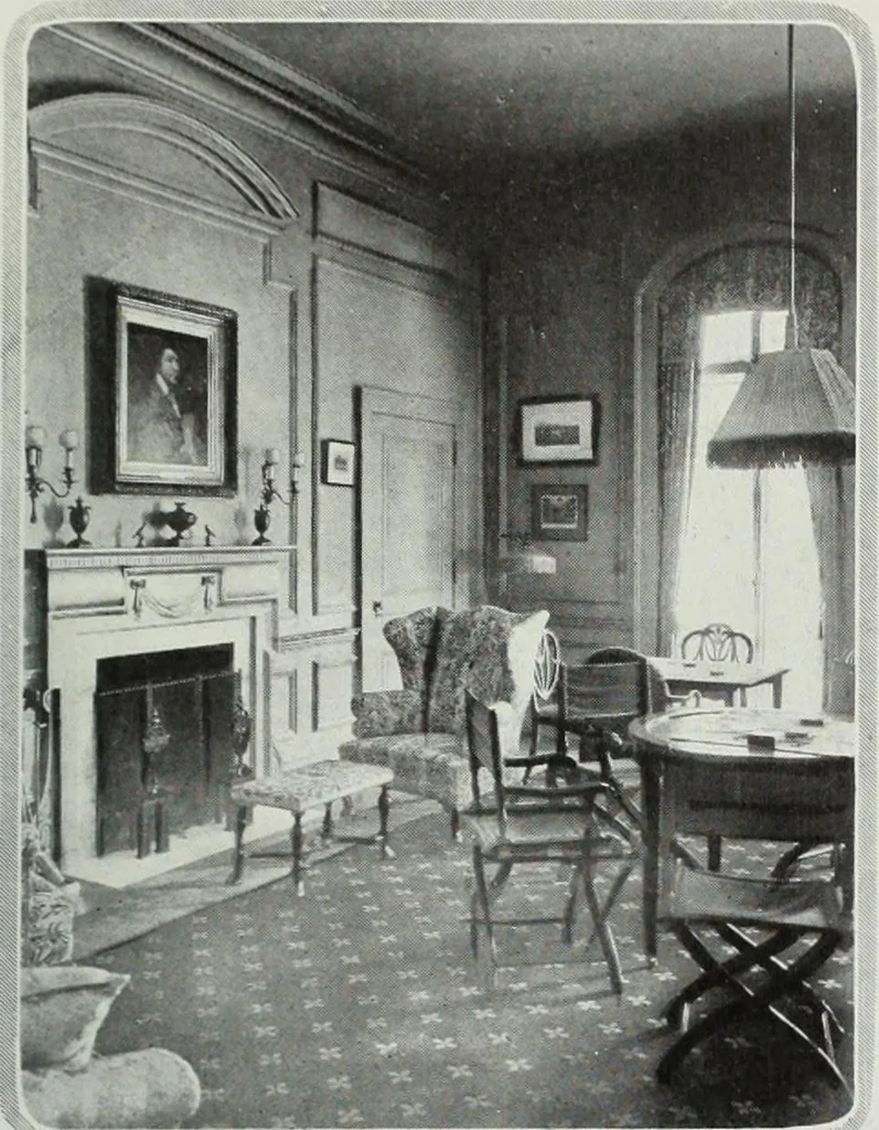An illustration from House & garden's book of interiors, containing over three hundred illustrations of living rooms, dining rooms, libraries, halls, bedrooms, porches, breakfast rooms, nurseries, kitchens, bathrooms and the use of decorative accessories and curtains, together with practical suggestions for the furnishing and decorating of each type of room in the house, 1920, leaf 116