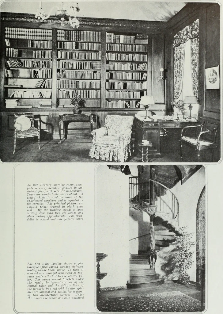 An illustration from House & garden's book of interiors, containing over three hundred illustrations of living rooms, dining rooms, libraries, halls, bedrooms, porches, breakfast rooms, nurseries, kitchens, bathrooms and the use of decorative accessories and curtains, together with practical suggestions for the furnishing and decorating of each type of room in the house, 1920, leaf 118