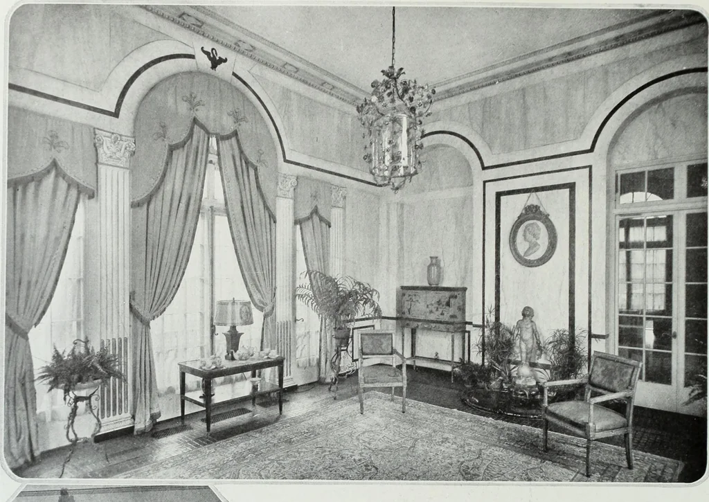 An illustration from House & garden's book of interiors, containing over three hundred illustrations of living rooms, dining rooms, libraries, halls, bedrooms, porches, breakfast rooms, nurseries, kitchens, bathrooms and the use of decorative accessories and curtains, together with practical suggestions for the furnishing and decorating of each type of room in the house, 1920, leaf 119