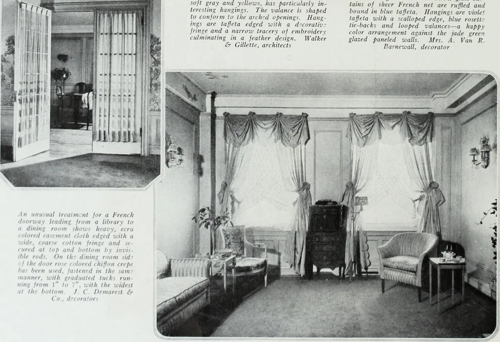 An illustration from House & garden's book of interiors, containing over three hundred illustrations of living rooms, dining rooms, libraries, halls, bedrooms, porches, breakfast rooms, nurseries, kitchens, bathrooms and the use of decorative accessories and curtains, together with practical suggestions for the furnishing and decorating of each type of room in the house, 1920, leaf 119