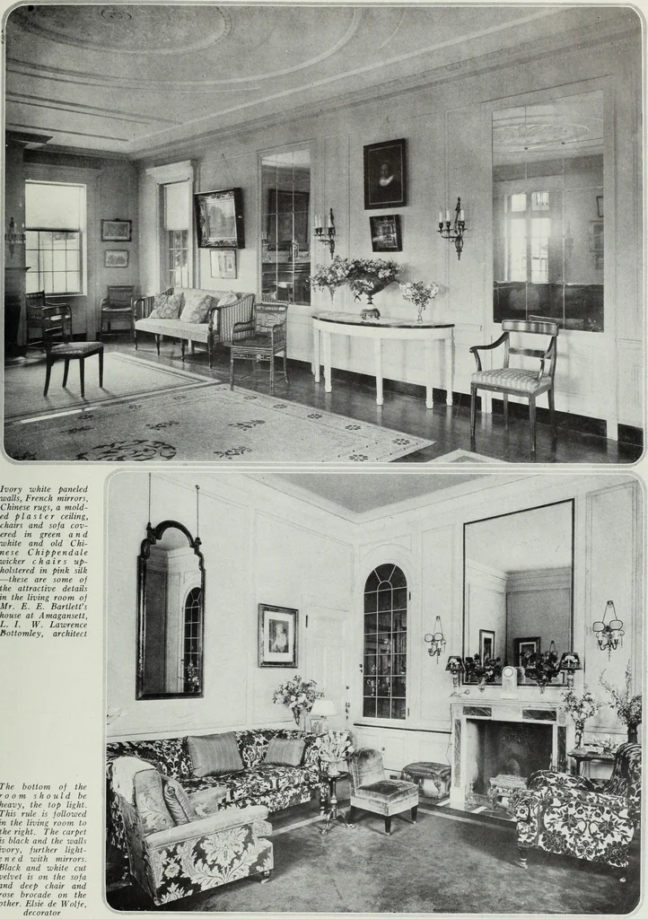 An illustration from House & garden's book of interiors, containing over three hundred illustrations of living rooms, dining rooms, libraries, halls, bedrooms, porches, breakfast rooms, nurseries, kitchens, bathrooms and the use of decorative accessories and curtains, together with practical suggestions for the furnishing and decorating of each type of room in the house, 1920, leaf 12