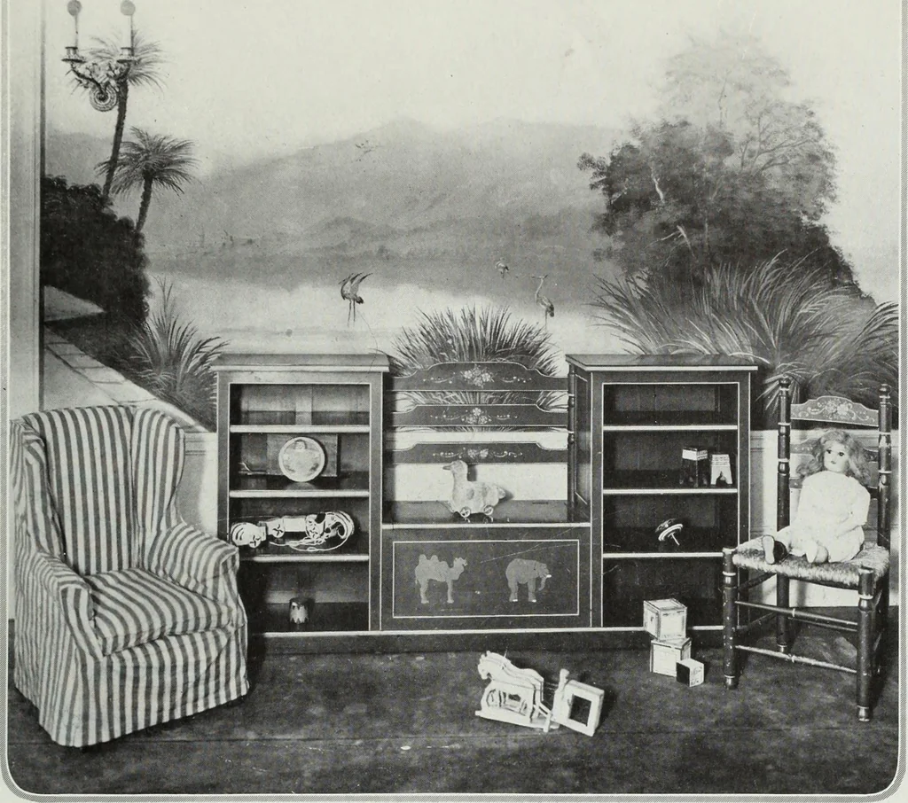 An illustration from House & garden's book of interiors, containing over three hundred illustrations of living rooms, dining rooms, libraries, halls, bedrooms, porches, breakfast rooms, nurseries, kitchens, bathrooms and the use of decorative accessories and curtains, together with practical suggestions for the furnishing and decorating of each type of room in the house, 1920, leaf 120
