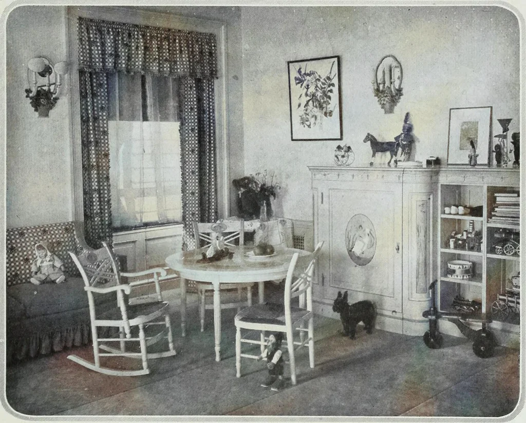 An illustration from House & garden's book of interiors, containing over three hundred illustrations of living rooms, dining rooms, libraries, halls, bedrooms, porches, breakfast rooms, nurseries, kitchens, bathrooms and the use of decorative accessories and curtains, together with practical suggestions for the furnishing and decorating of each type of room in the house, 1920, leaf 120