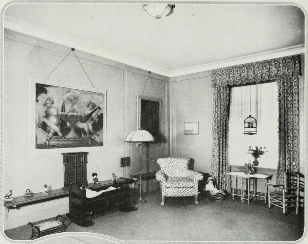 An illustration from House & garden's book of interiors, containing over three hundred illustrations of living rooms, dining rooms, libraries, halls, bedrooms, porches, breakfast rooms, nurseries, kitchens, bathrooms and the use of decorative accessories and curtains, together with practical suggestions for the furnishing and decorating of each type of room in the house, 1920, leaf 121
