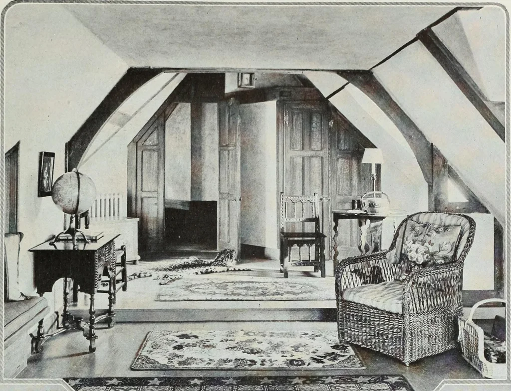 An illustration from House & garden's book of interiors, containing over three hundred illustrations of living rooms, dining rooms, libraries, halls, bedrooms, porches, breakfast rooms, nurseries, kitchens, bathrooms and the use of decorative accessories and curtains, together with practical suggestions for the furnishing and decorating of each type of room in the house, 1920, leaf 122