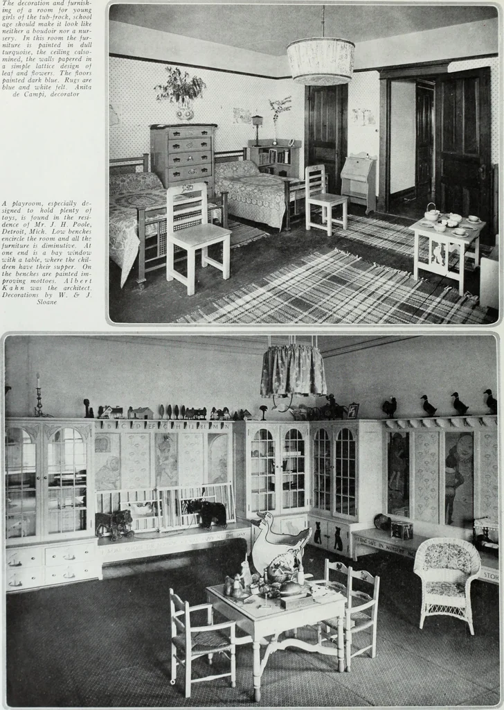 An illustration from House & garden's book of interiors, containing over three hundred illustrations of living rooms, dining rooms, libraries, halls, bedrooms, porches, breakfast rooms, nurseries, kitchens, bathrooms and the use of decorative accessories and curtains, together with practical suggestions for the furnishing and decorating of each type of room in the house, 1920, leaf 123