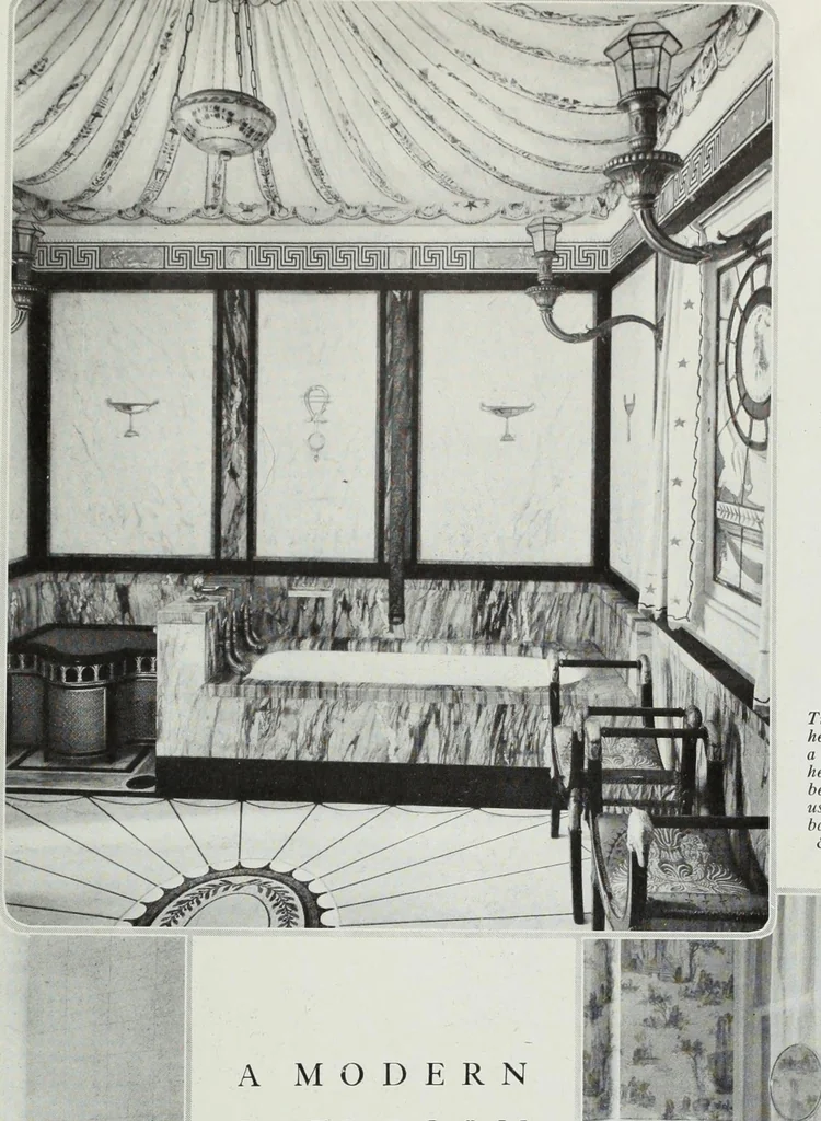 An illustration from House & garden's book of interiors, containing over three hundred illustrations of living rooms, dining rooms, libraries, halls, bedrooms, porches, breakfast rooms, nurseries, kitchens, bathrooms and the use of decorative accessories and curtains, together with practical suggestions for the furnishing and decorating of each type of room in the house, 1920, leaf 124