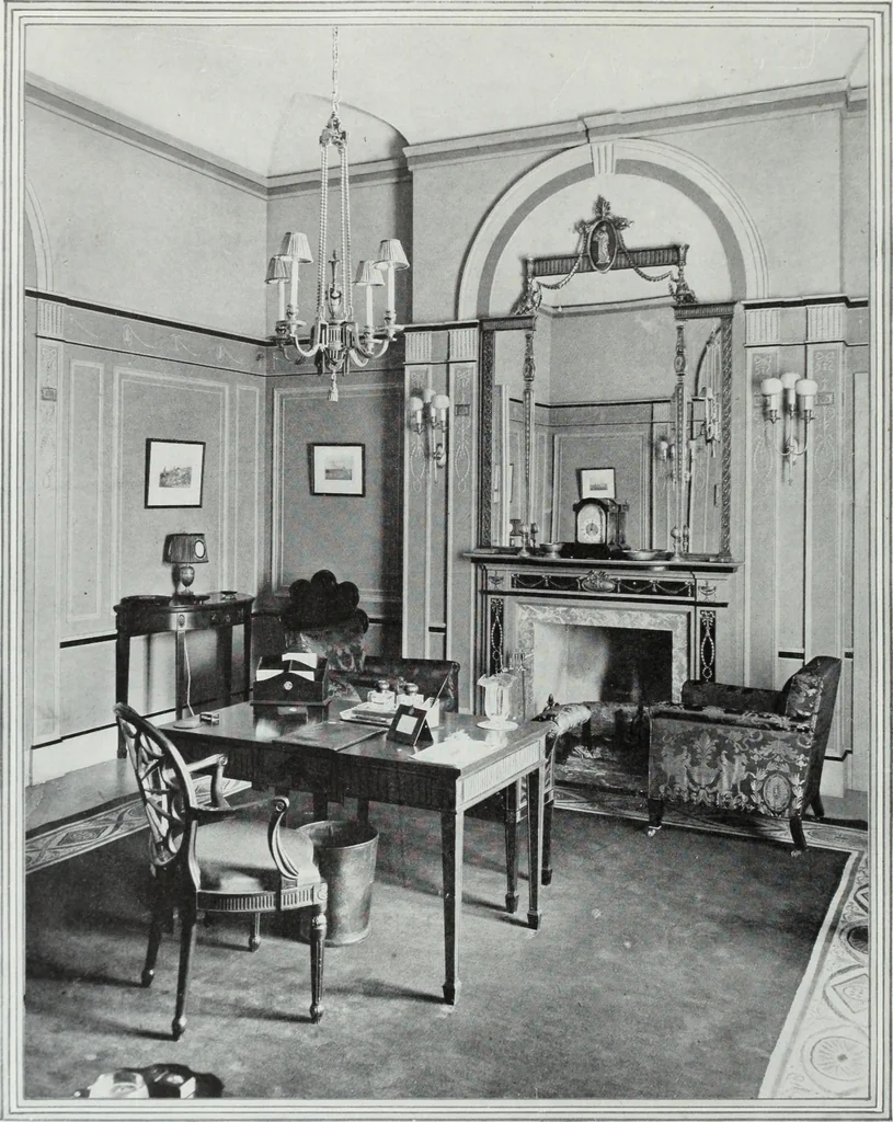 An illustration from House & garden's book of interiors, containing over three hundred illustrations of living rooms, dining rooms, libraries, halls, bedrooms, porches, breakfast rooms, nurseries, kitchens, bathrooms and the use of decorative accessories and curtains, together with practical suggestions for the furnishing and decorating of each type of room in the house, 1920, leaf 13