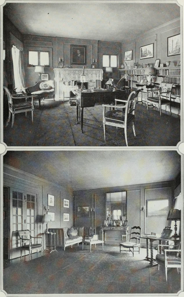 An illustration from House & garden's book of interiors, containing over three hundred illustrations of living rooms, dining rooms, libraries, halls, bedrooms, porches, breakfast rooms, nurseries, kitchens, bathrooms and the use of decorative accessories and curtains, together with practical suggestions for the furnishing and decorating of each type of room in the house, 1920, leaf 14
