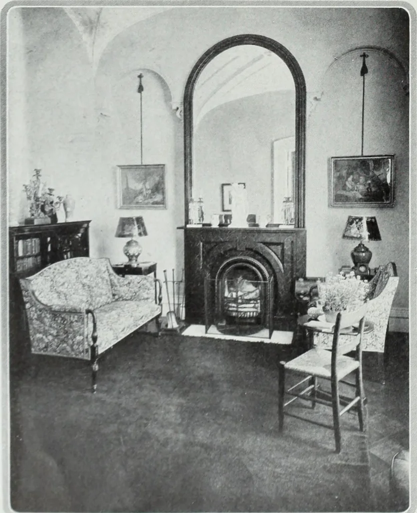 An illustration from House & garden's book of interiors, containing over three hundred illustrations of living rooms, dining rooms, libraries, halls, bedrooms, porches, breakfast rooms, nurseries, kitchens, bathrooms and the use of decorative accessories and curtains, together with practical suggestions for the furnishing and decorating of each type of room in the house, 1920, leaf 15