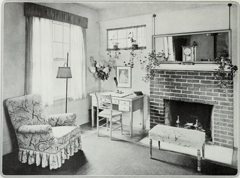 An illustration from House & garden's book of interiors, containing over three hundred illustrations of living rooms, dining rooms, libraries, halls, bedrooms, porches, breakfast rooms, nurseries, kitchens, bathrooms and the use of decorative accessories and curtains, together with practical suggestions for the furnishing and decorating of each type of room in the house, 1920, leaf 15