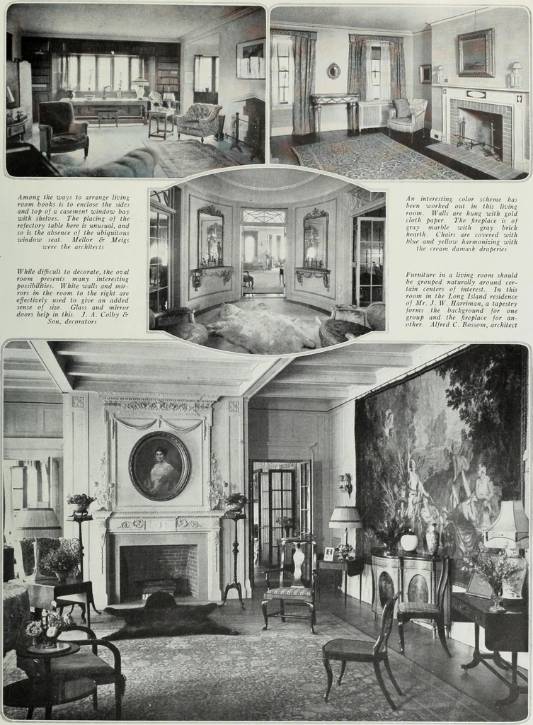An illustration from House & garden's book of interiors, containing over three hundred illustrations of living rooms, dining rooms, libraries, halls, bedrooms, porches, breakfast rooms, nurseries, kitchens, bathrooms and the use of decorative accessories and curtains, together with practical suggestions for the furnishing and decorating of each type of room in the house, 1920, leaf 16