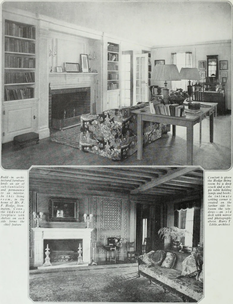 An illustration from House & garden's book of interiors, containing over three hundred illustrations of living rooms, dining rooms, libraries, halls, bedrooms, porches, breakfast rooms, nurseries, kitchens, bathrooms and the use of decorative accessories and curtains, together with practical suggestions for the furnishing and decorating of each type of room in the house, 1920, leaf 17