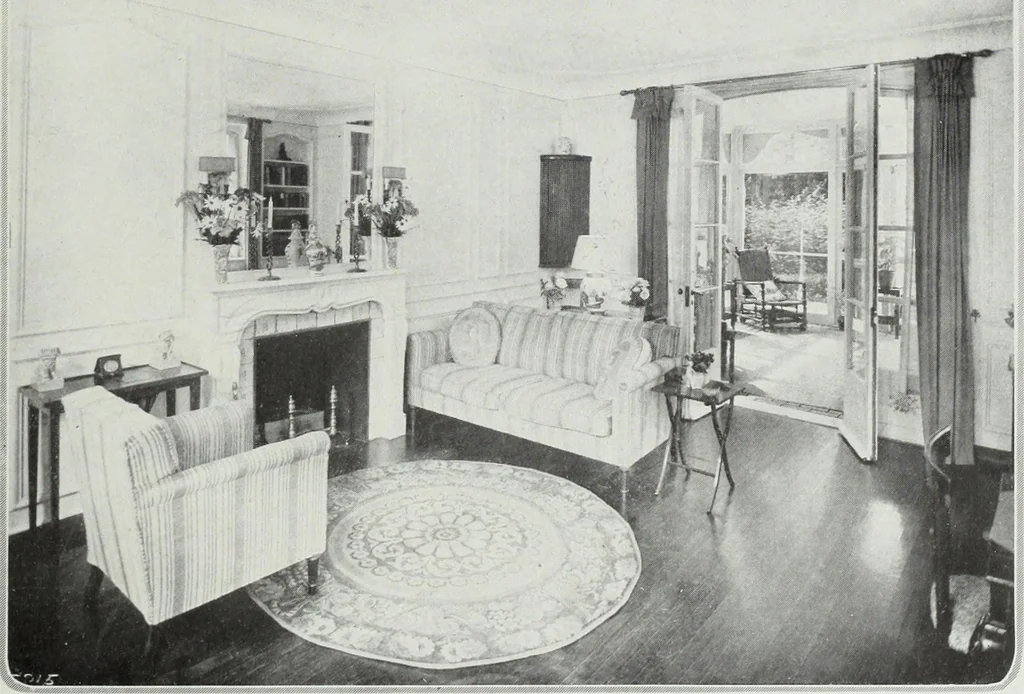 An illustration from House & garden's book of interiors, containing over three hundred illustrations of living rooms, dining rooms, libraries, halls, bedrooms, porches, breakfast rooms, nurseries, kitchens, bathrooms and the use of decorative accessories and curtains, together with practical suggestions for the furnishing and decorating of each type of room in the house, 1920, leaf 18