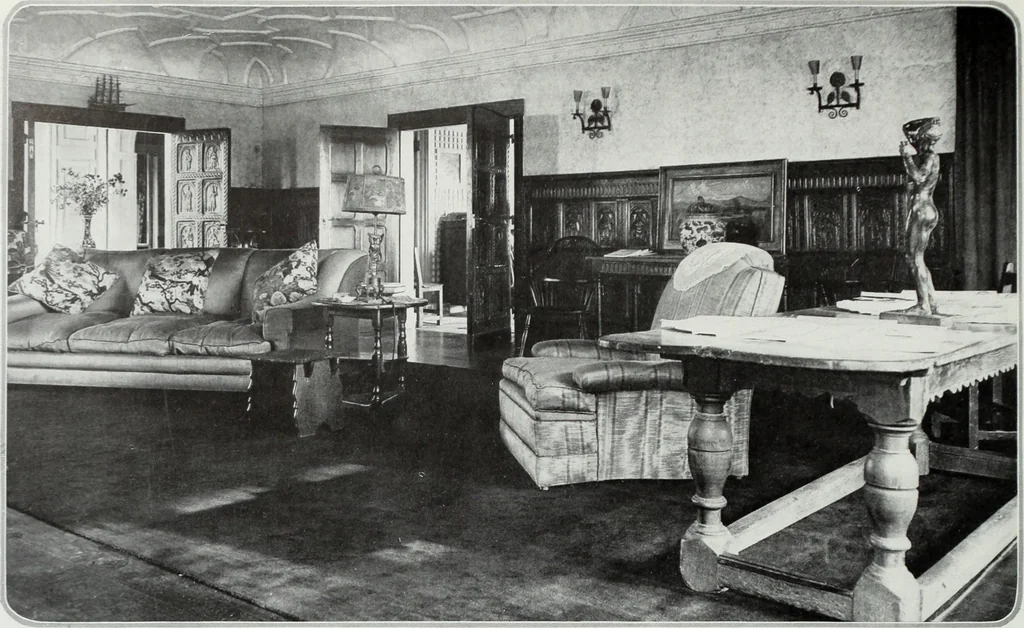 An illustration from House & garden's book of interiors, containing over three hundred illustrations of living rooms, dining rooms, libraries, halls, bedrooms, porches, breakfast rooms, nurseries, kitchens, bathrooms and the use of decorative accessories and curtains, together with practical suggestions for the furnishing and decorating of each type of room in the house, 1920, leaf 19