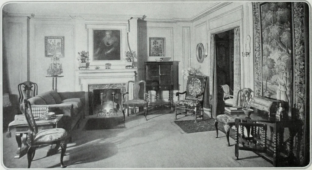 An illustration from House & garden's book of interiors, containing over three hundred illustrations of living rooms, dining rooms, libraries, halls, bedrooms, porches, breakfast rooms, nurseries, kitchens, bathrooms and the use of decorative accessories and curtains, together with practical suggestions for the furnishing and decorating of each type of room in the house, 1920, leaf 19