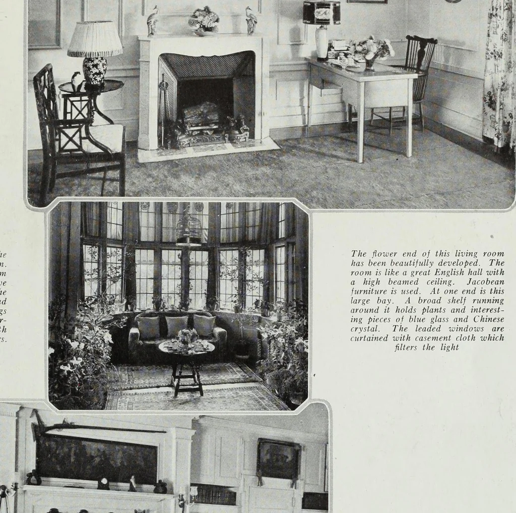 An illustration from House & garden's book of interiors, containing over three hundred illustrations of living rooms, dining rooms, libraries, halls, bedrooms, porches, breakfast rooms, nurseries, kitchens, bathrooms and the use of decorative accessories and curtains, together with practical suggestions for the furnishing and decorating of each type of room in the house, 1920, leaf 20