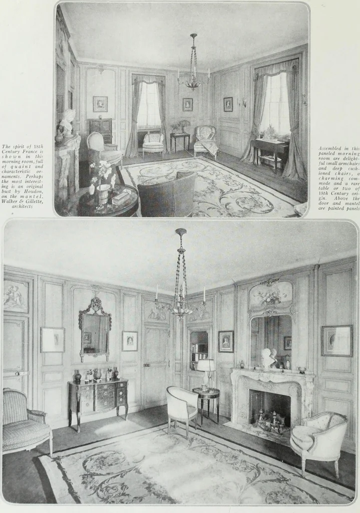 An illustration from House & garden's book of interiors, containing over three hundred illustrations of living rooms, dining rooms, libraries, halls, bedrooms, porches, breakfast rooms, nurseries, kitchens, bathrooms and the use of decorative accessories and curtains, together with practical suggestions for the furnishing and decorating of each type of room in the house, 1920, leaf 21