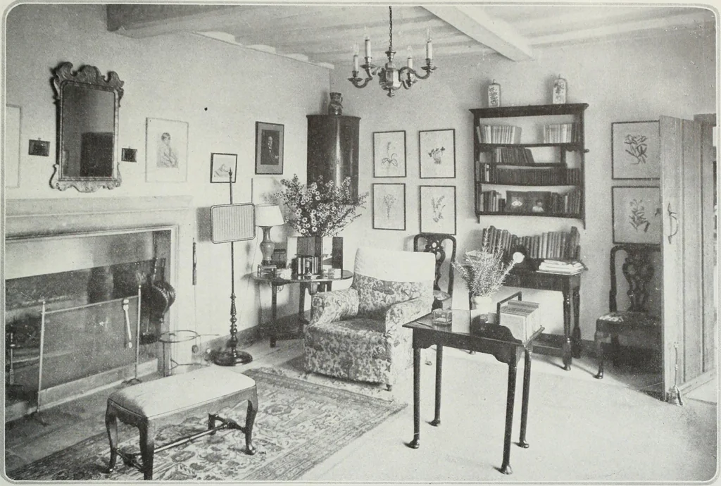 An illustration from House & garden's book of interiors, containing over three hundred illustrations of living rooms, dining rooms, libraries, halls, bedrooms, porches, breakfast rooms, nurseries, kitchens, bathrooms and the use of decorative accessories and curtains, together with practical suggestions for the furnishing and decorating of each type of room in the house, 1920, leaf 22