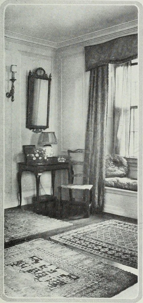 An illustration from House & garden's book of interiors, containing over three hundred illustrations of living rooms, dining rooms, libraries, halls, bedrooms, porches, breakfast rooms, nurseries, kitchens, bathrooms and the use of decorative accessories and curtains, together with practical suggestions for the furnishing and decorating of each type of room in the house, 1920, leaf 22