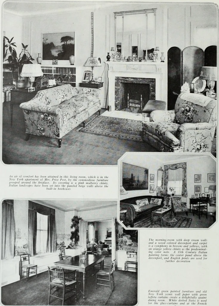 An illustration from House & garden's book of interiors, containing over three hundred illustrations of living rooms, dining rooms, libraries, halls, bedrooms, porches, breakfast rooms, nurseries, kitchens, bathrooms and the use of decorative accessories and curtains, together with practical suggestions for the furnishing and decorating of each type of room in the house, 1920, leaf 23