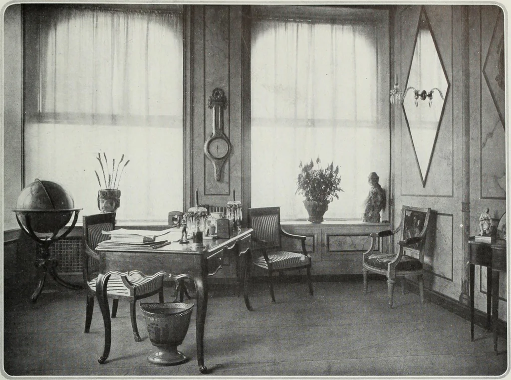 An illustration from House & garden's book of interiors, containing over three hundred illustrations of living rooms, dining rooms, libraries, halls, bedrooms, porches, breakfast rooms, nurseries, kitchens, bathrooms and the use of decorative accessories and curtains, together with practical suggestions for the furnishing and decorating of each type of room in the house, 1920, leaf 24