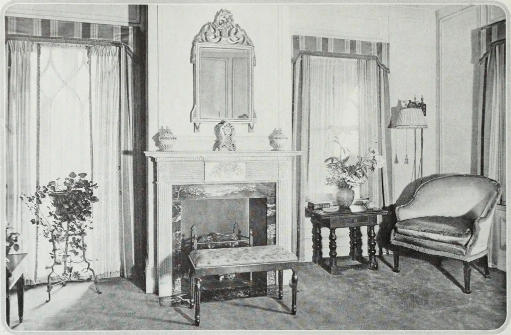 An illustration from House & garden's book of interiors, containing over three hundred illustrations of living rooms, dining rooms, libraries, halls, bedrooms, porches, breakfast rooms, nurseries, kitchens, bathrooms and the use of decorative accessories and curtains, together with practical suggestions for the furnishing and decorating of each type of room in the house, 1920, leaf 25