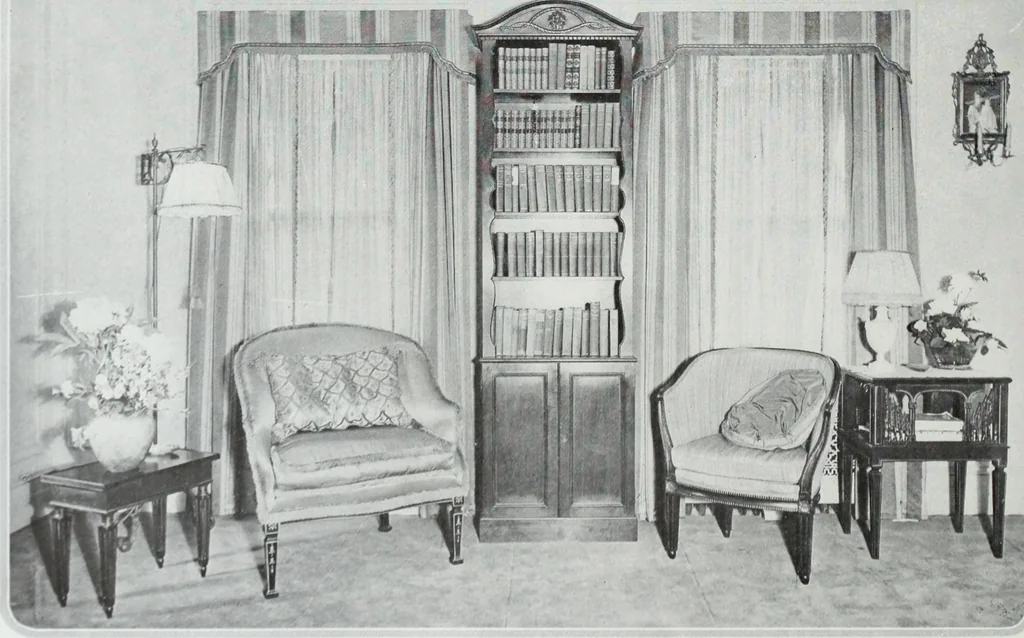 An illustration from House & garden's book of interiors, containing over three hundred illustrations of living rooms, dining rooms, libraries, halls, bedrooms, porches, breakfast rooms, nurseries, kitchens, bathrooms and the use of decorative accessories and curtains, together with practical suggestions for the furnishing and decorating of each type of room in the house, 1920, leaf 25