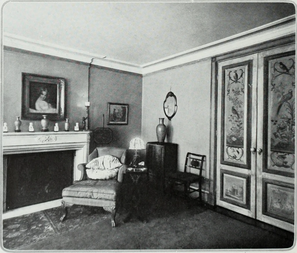 An illustration from House & garden's book of interiors, containing over three hundred illustrations of living rooms, dining rooms, libraries, halls, bedrooms, porches, breakfast rooms, nurseries, kitchens, bathrooms and the use of decorative accessories and curtains, together with practical suggestions for the furnishing and decorating of each type of room in the house, 1920, leaf 27