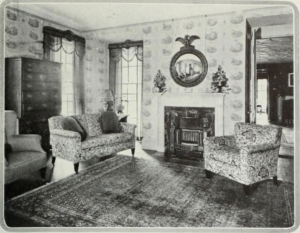An illustration from House & garden's book of interiors, containing over three hundred illustrations of living rooms, dining rooms, libraries, halls, bedrooms, porches, breakfast rooms, nurseries, kitchens, bathrooms and the use of decorative accessories and curtains, together with practical suggestions for the furnishing and decorating of each type of room in the house, 1920, leaf 28