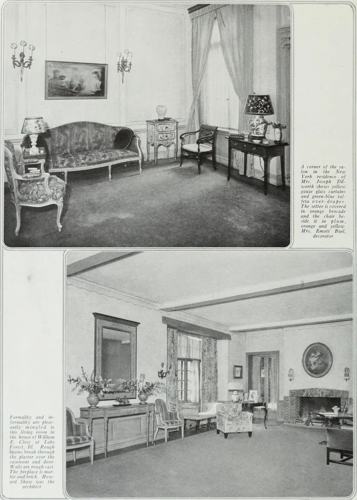 An illustration from House & garden's book of interiors, containing over three hundred illustrations of living rooms, dining rooms, libraries, halls, bedrooms, porches, breakfast rooms, nurseries, kitchens, bathrooms and the use of decorative accessories and curtains, together with practical suggestions for the furnishing and decorating of each type of room in the house, 1920, leaf 29